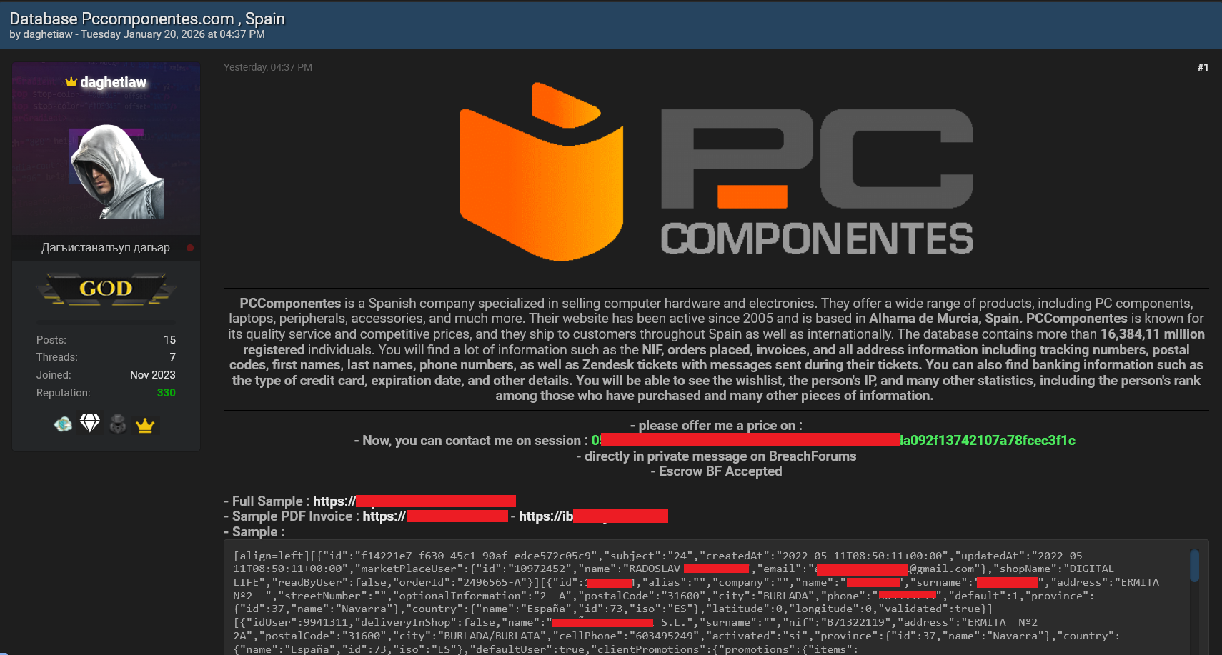 Sales thread by threat actor daghetiaw claiming Pccomponentes hack