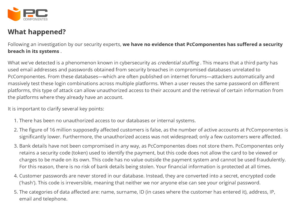 Pccomponentes official announcement regarding credential stuffing