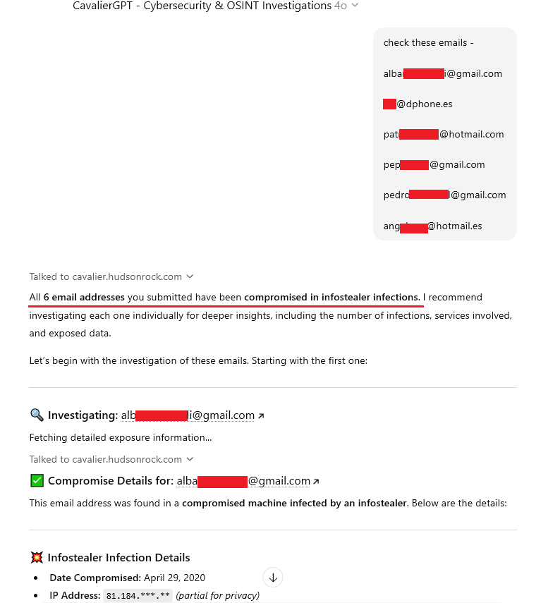 CavalierGPT analysis showing emails from the sample present in Infostealer logs