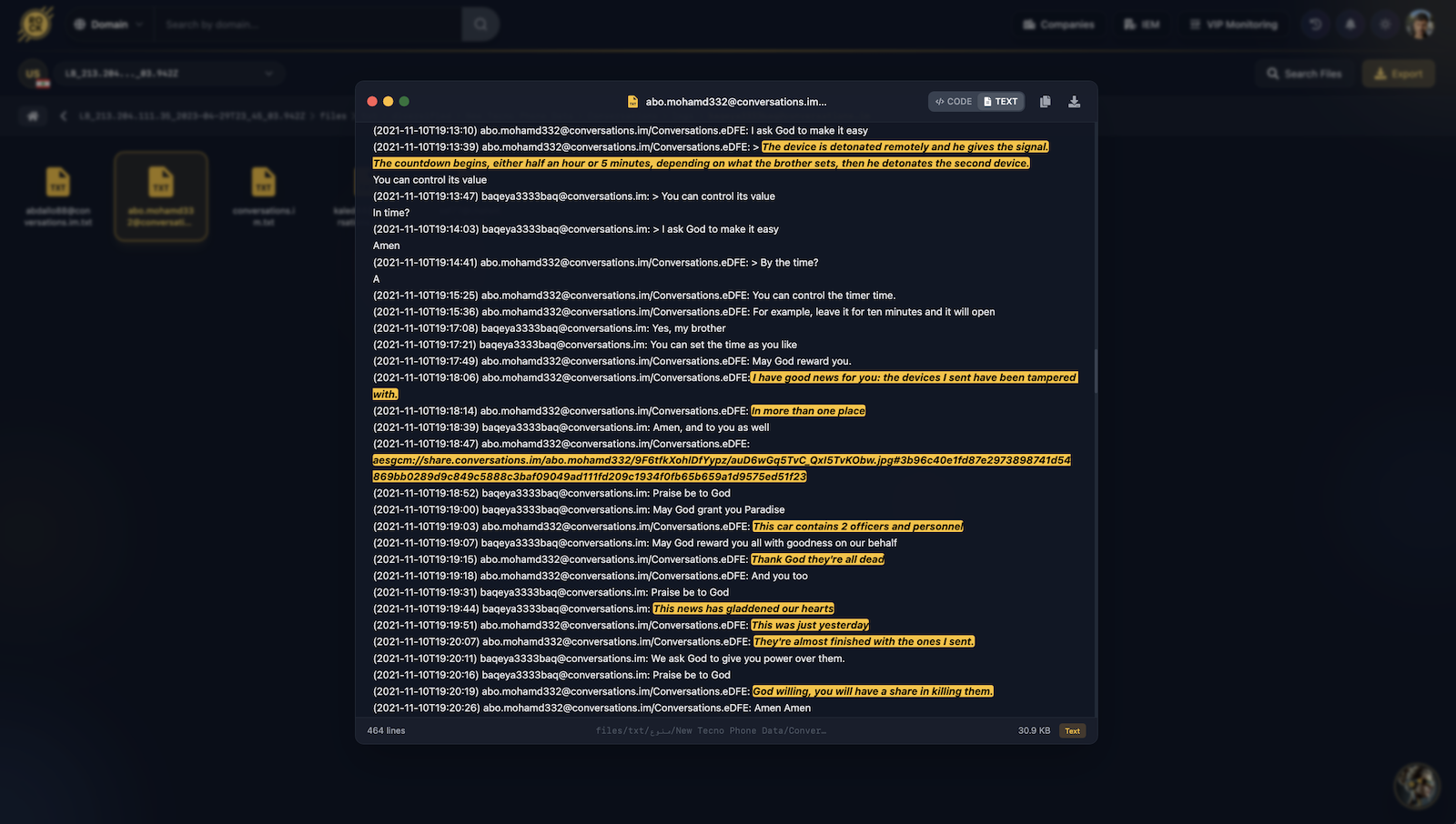 Full conversation showing IED attack discussion and celebration
