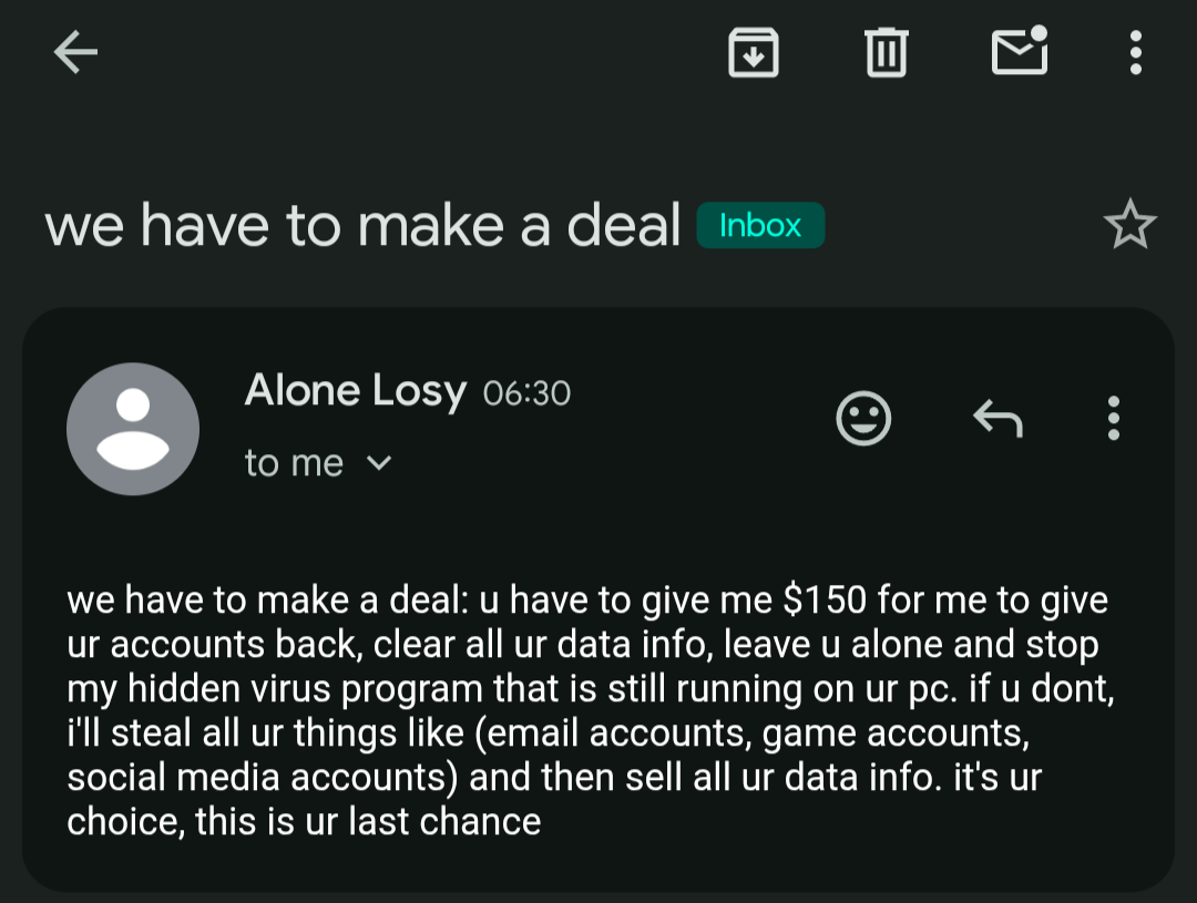 Blackmail email demanding $150 after an infostealer infection
