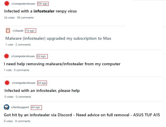 Reddit threads about infostealers
