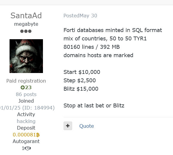 Threat actor SantaAd selling access to Fortinet devices on a Russian cybercrime forum
