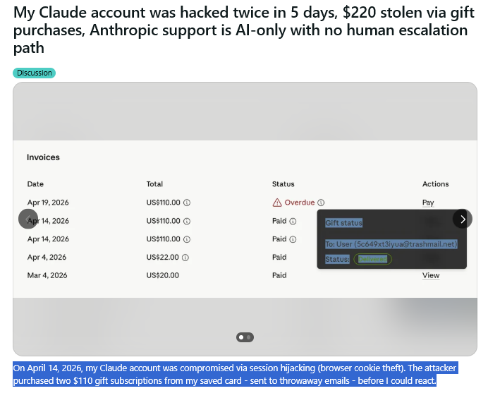 Screenshot showing hundreds of dollars stolen via Claude gift purchases