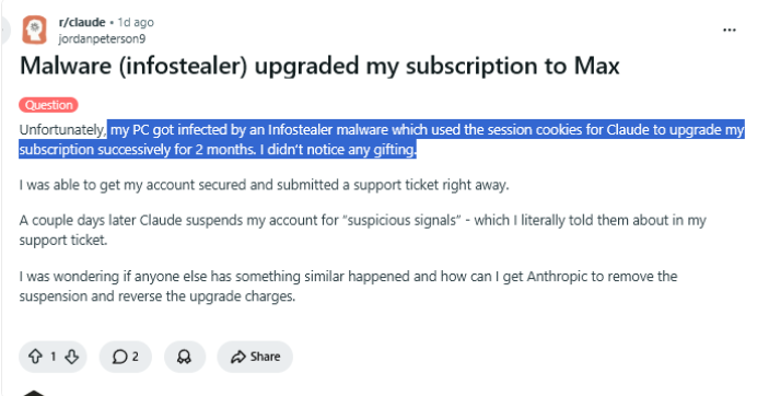 Reddit user explaining how Claude AI was upgraded by malware
