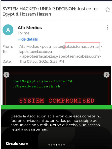 Email sent by the hacker originating from afasistemas.com.ar