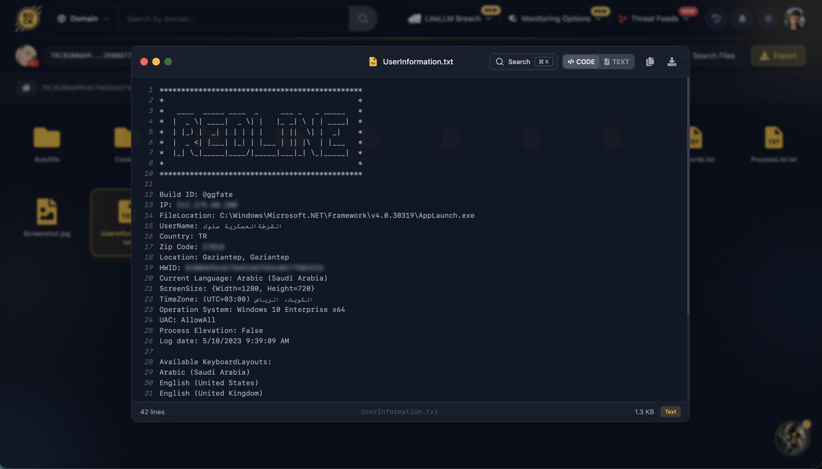 UserInformation.txt from the RedLine stealer log, opened in Cavalier, showing the Windows username الشرطة العسكرية سلوك (Military Police Suluk), Gaziantep location, and Arabic system language.