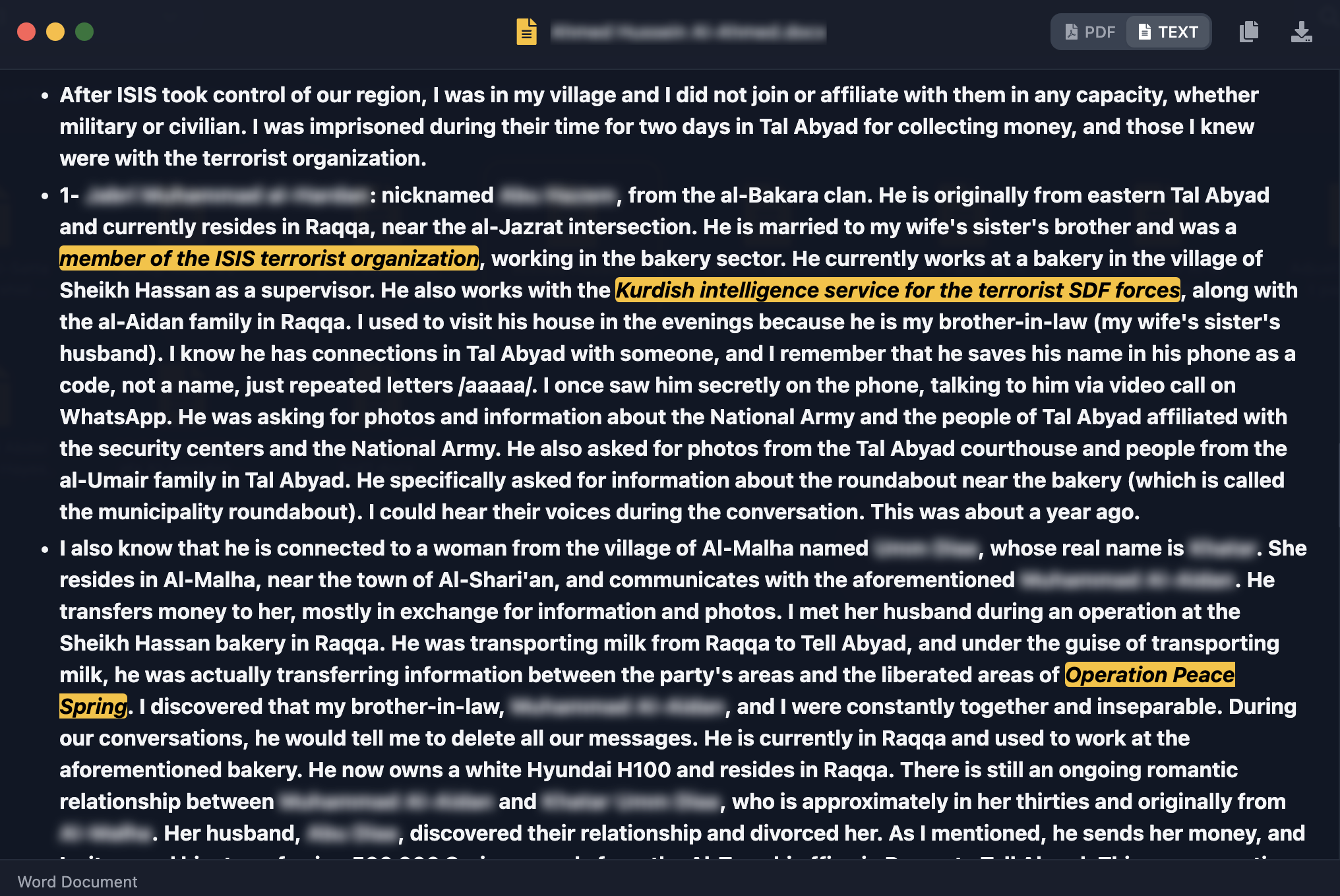 Redacted English extract from a detainee statement naming civilians, vehicles, neighbourhoods and alleged payments to Kurdish intelligence, shown in Cavalier.