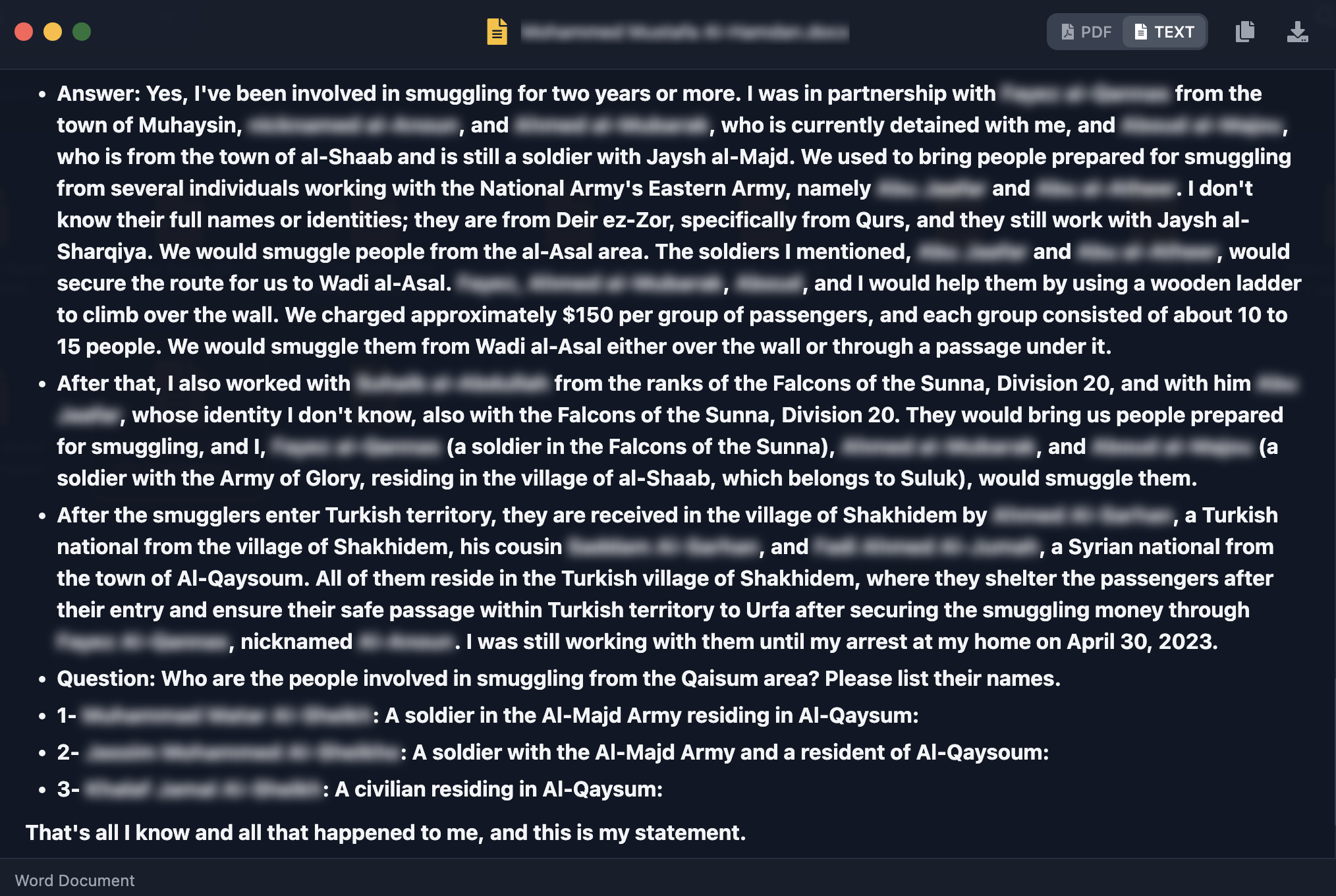 Redacted English extract from a smuggling confession naming SNA soldiers who moved groups over the border wall with a ladder, shown in Cavalier.