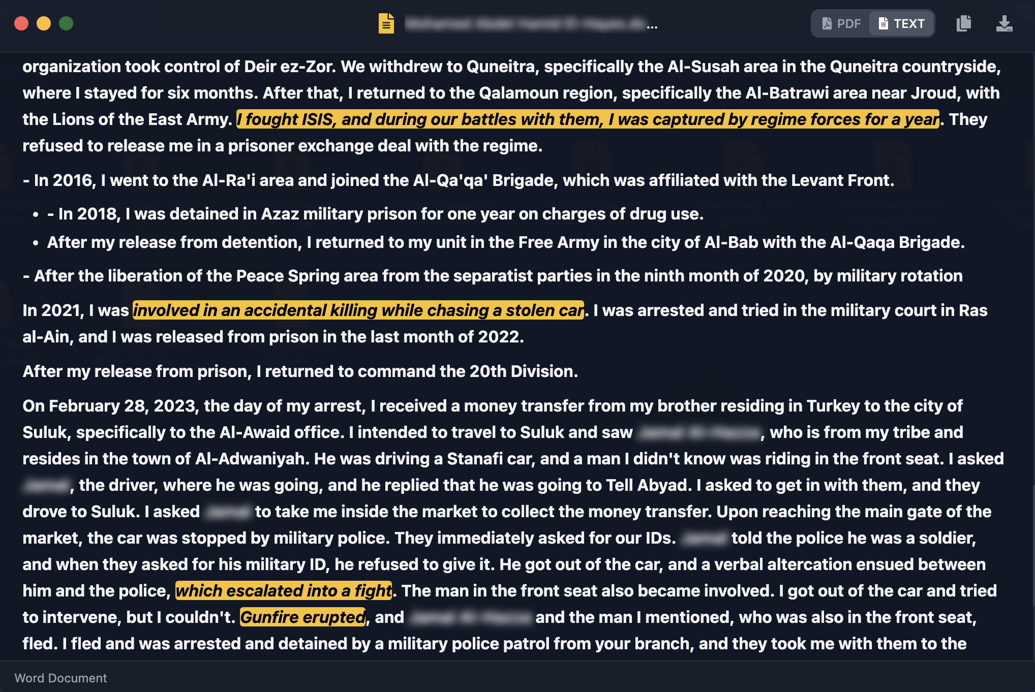 Redacted English extract from a detainee statement covering prior detention for drug use, an accidental killing during a vehicle chase, and a later arrest after a fight, shown in Cavalier.