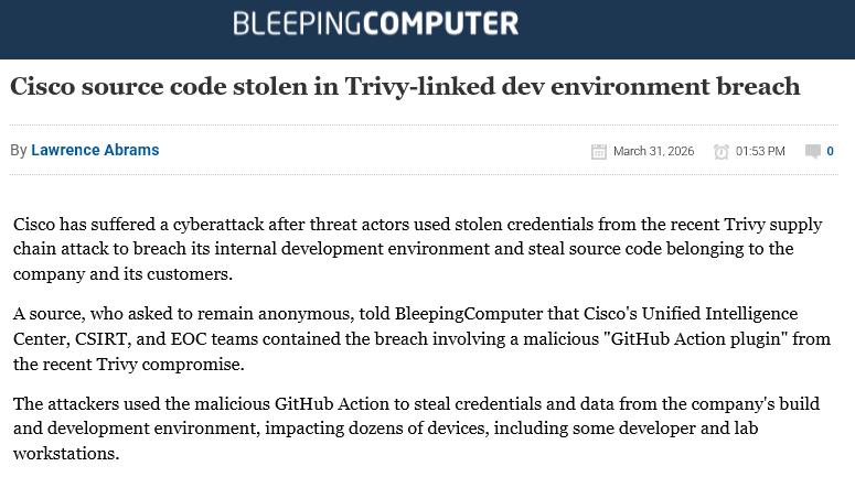 BleepingComputer article on Cisco breach