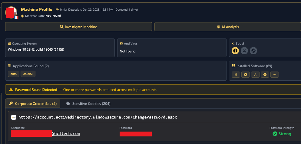 Hudson Rock platform showing compromised HCL Technologies credentials
