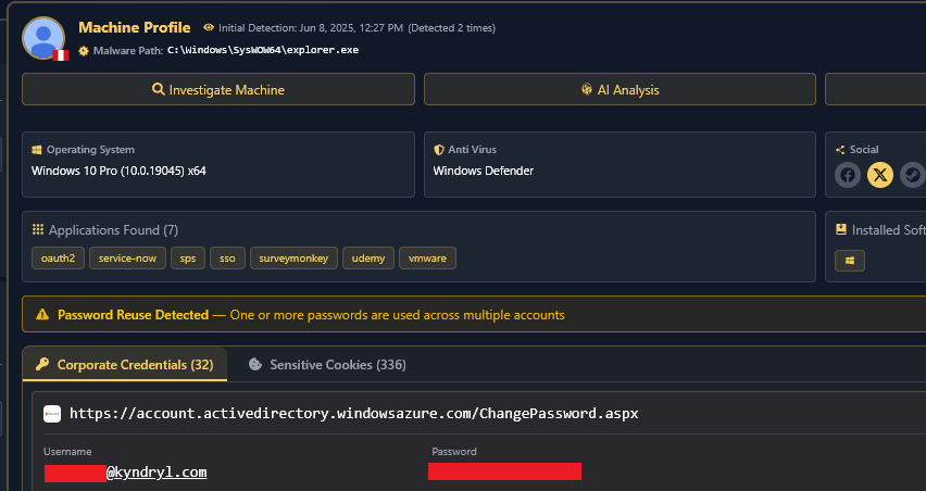 Hudson Rock platform showing compromised Kyndryl credentials
