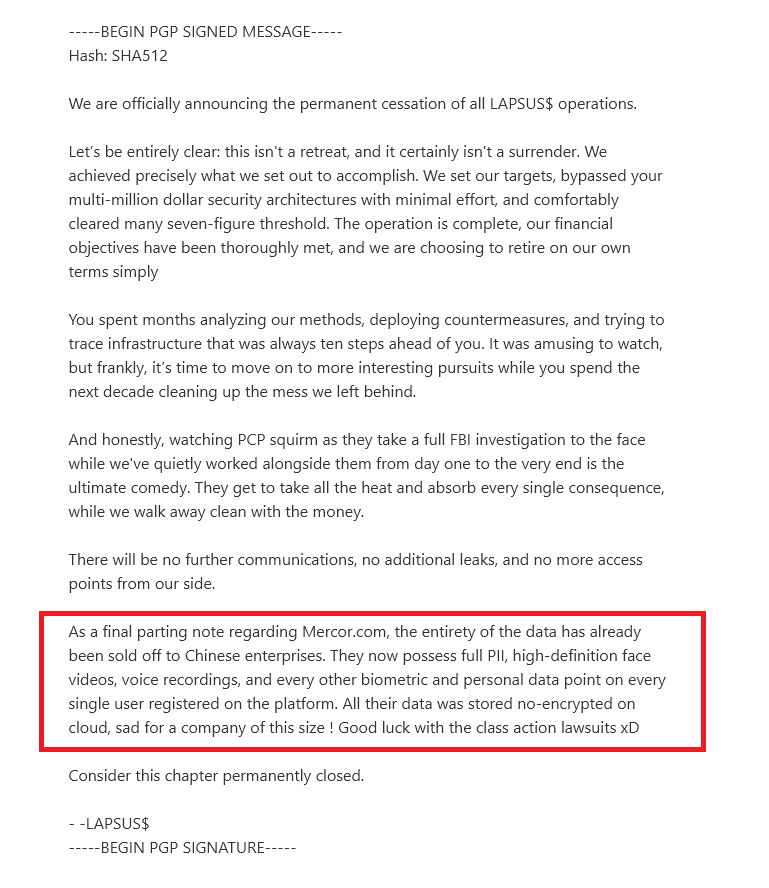 Lapsus$ Statement on Mercor Data