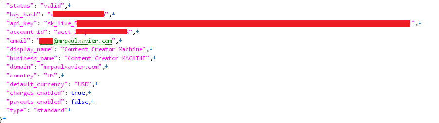 JSON snippet showing an exposed sk_live API key with charge capabilities