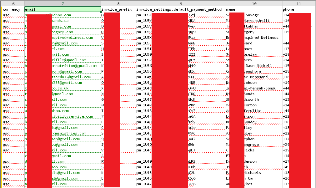 Spreadsheet detailing customer emails, names, phones, and invoice URLs