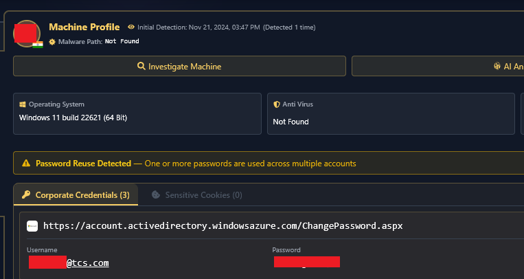 Hudson Rock platform showing compromised TCS credentials
