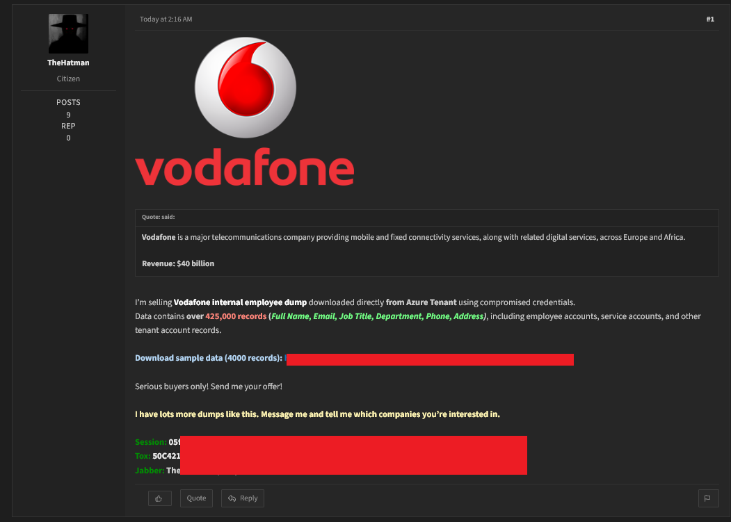 Threat actor advertising Vodafone data