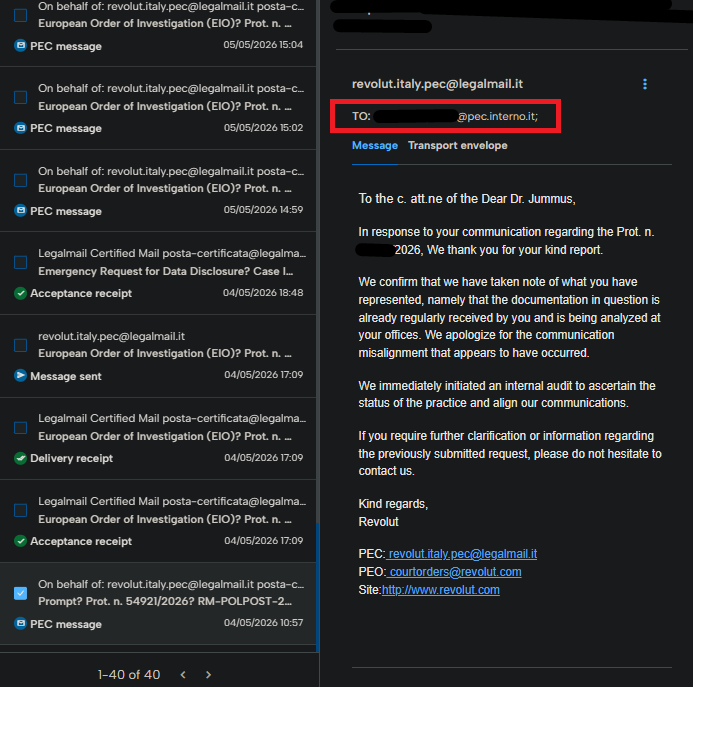 Email correspondence showing a pec.interno.it address communicating with Revolut