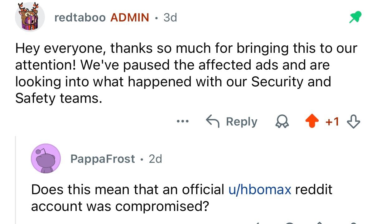 Reddit administrator response confirming ads are paused