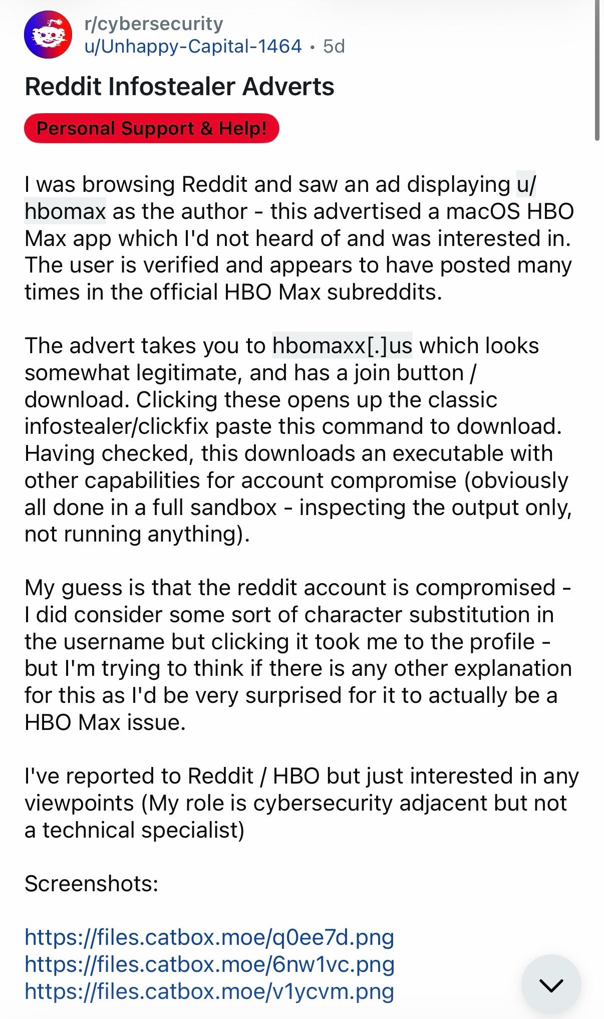 Initial Reddit report of the malvertising