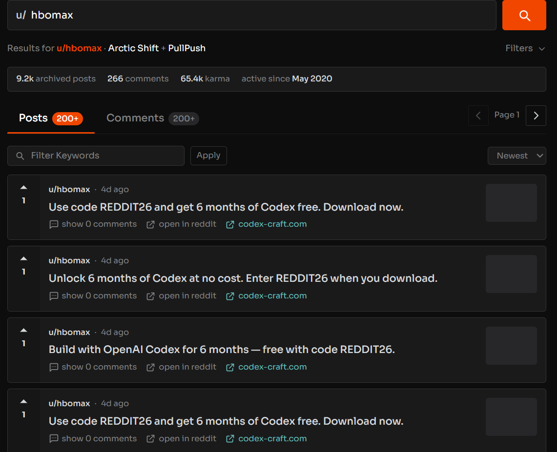 Archived activity from the compromised HBO Max Reddit account
