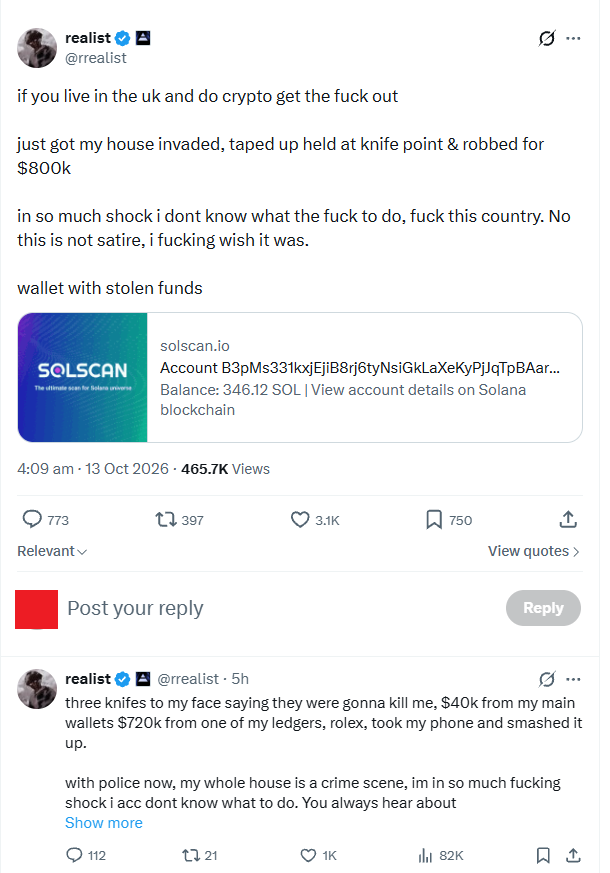 Tweet from @rrealist detailing a violent home invasion and crypto theft